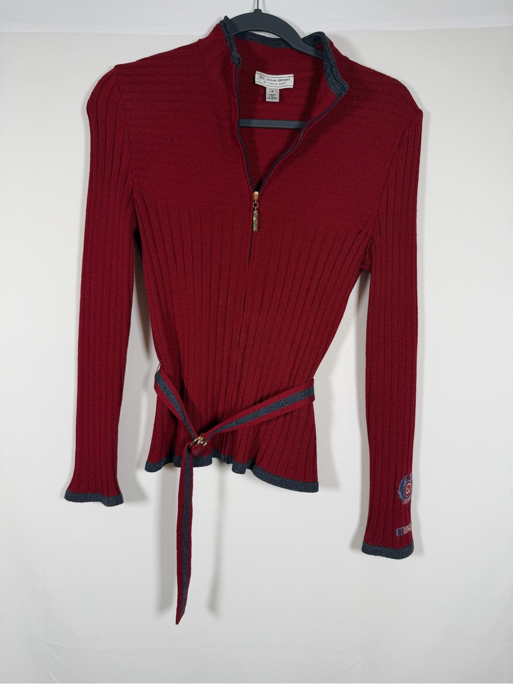 Vintage St. John Sport by Marie Gray Burgundy Ribbed V-Neck Half-Zip Sweater